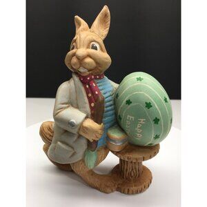 Vtg Atlantic Mold Rabbit Painting Egg Easter Fairy Garden Figurine Ceramic 6"
